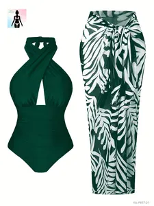 Tummy Control Ruched Crisscross Halter Neck One Piece Swimsuit And Tropical Print Mesh Cover Up Skirt 2 Piece Set Front Cutout Skirted Swimwear Beachwear Summer Vacation Getaway Resort Wear Plus Size Curvy Women Flattering Snatched Waistline Elegant Chic
