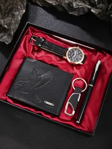 4pcs Casual Watch Set, PU Leather Watch, Rose Case, Eagle Embossed Wallet, Keychain, Pen, Business Travel Gift, Men Gifts