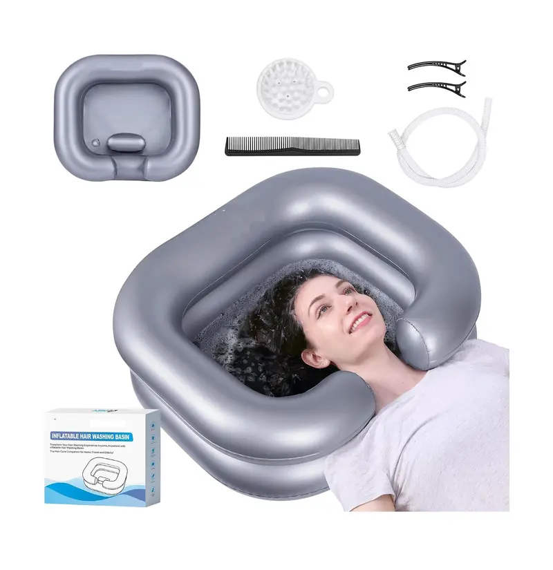 Inflatable Shampoo Basin for Bedridden, Disabled, and Injured - Portable Hair Washing Tub for Dreadlocks and Sink Washing (Silvery)