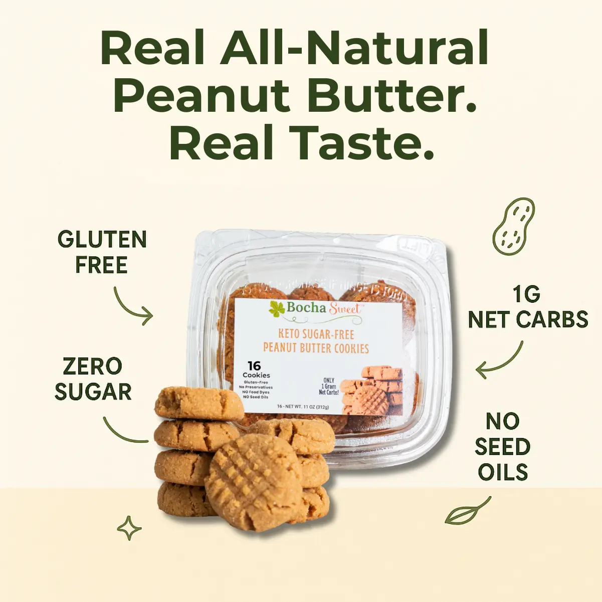 BochaSweet Keto Peanut Butter Cookies - 1-Pack (16 Cookies) or 2-Pack (32 Cookies) | Sugar-Free, Gluten-Free, No Seed Oils | Melt-in-Your-Mouth Low Carb Snack