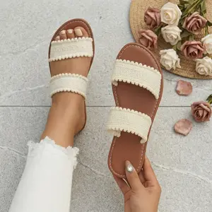 Women's Fashionable Plain Color Crochet Slides, Boho Style Slides, Casual Comfortable Slippers for Summer, Lightweight Breathable Slippers for Beach Vacation, Footwear