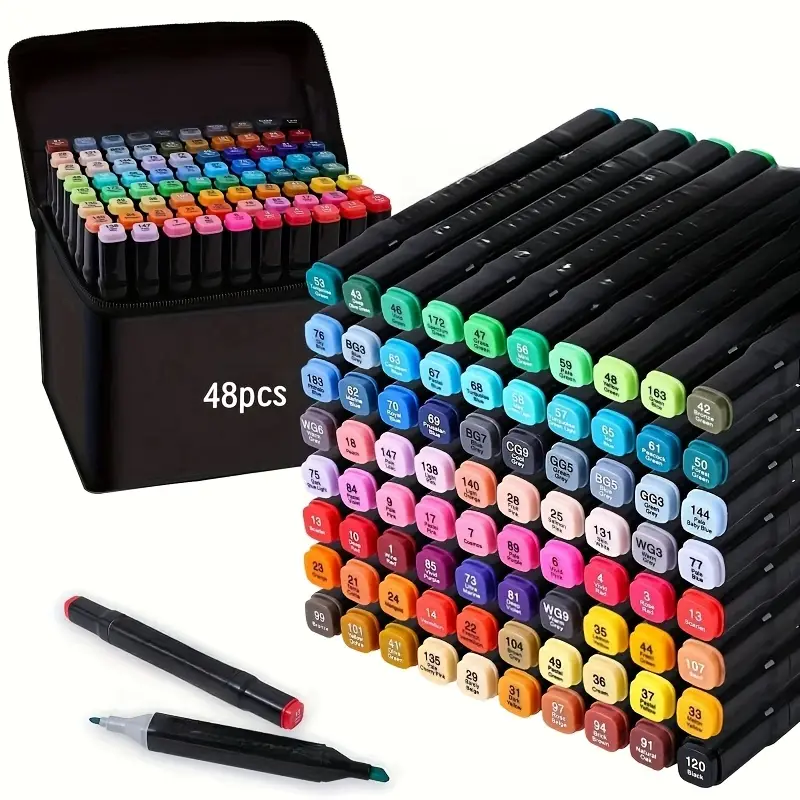48-Color Dual-Tip Alcohol Marker Set for Artists - Ideal for Drawing, Sketching, Coloring & Highlighting - Vibrant, Non-Toxic Pens in Organized Black