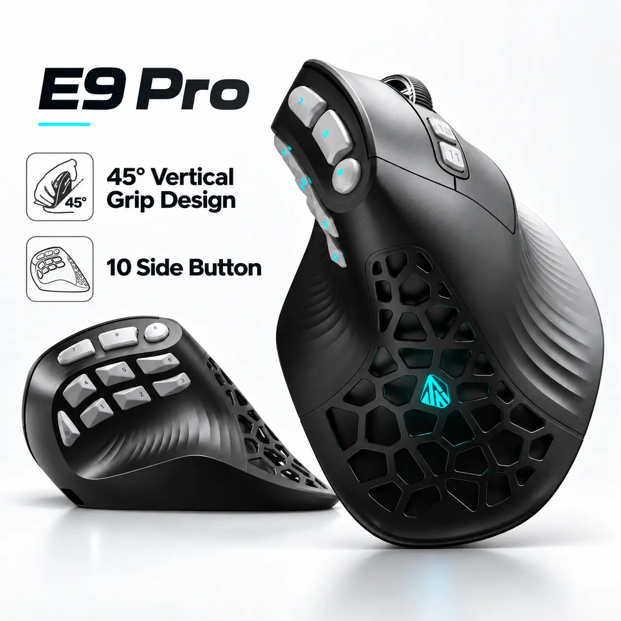 SOLAKAKA E9 PRO Vertical MMO Gaming Mouse - Lightweight Ergonomic Gaming Mouse with 10 Side Buttons,PAW3395 36000 DPI Sensor,45°Grip,Tri-Mode 2.4G/BT/Wired, RGB,1000mAh Rechargeable Mouse for PC/Mac - Black summerwins