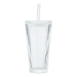 Ribbed 21oz Glass Tumbler with Glass Lid and Straw
