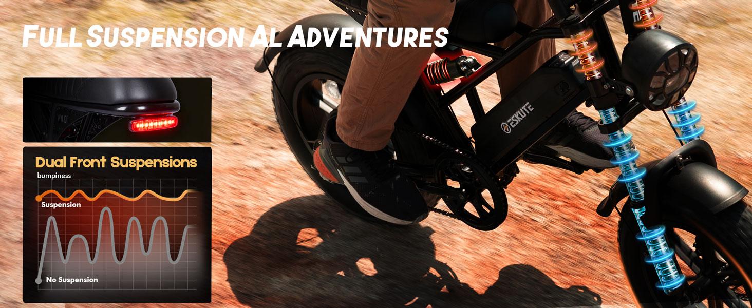 ESKUTE V100 Electric Bike 1500W Peak Power All Terrain Dual Suspension E Bike 28 MPH Top Speed 48V 13Ah Battery 60 Miles Range 16x4.0 Fat Tires LED Headlights