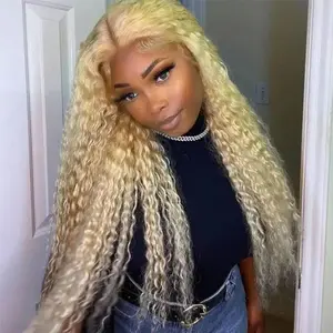 Brazilian 40 inch deep wave 613 honey blonde curly preplucked colored wigs on sale 13x6 hd lace frontal human hair wig for women