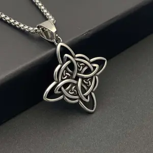 Unisex Protective Witch Knot Artificial Gemstone Knotwork Pendant with Silver Distressed Box Chain, Vintage Charm, Spiritual Motifs, Classic Edgy Fashion Protective Jewelry Accessory