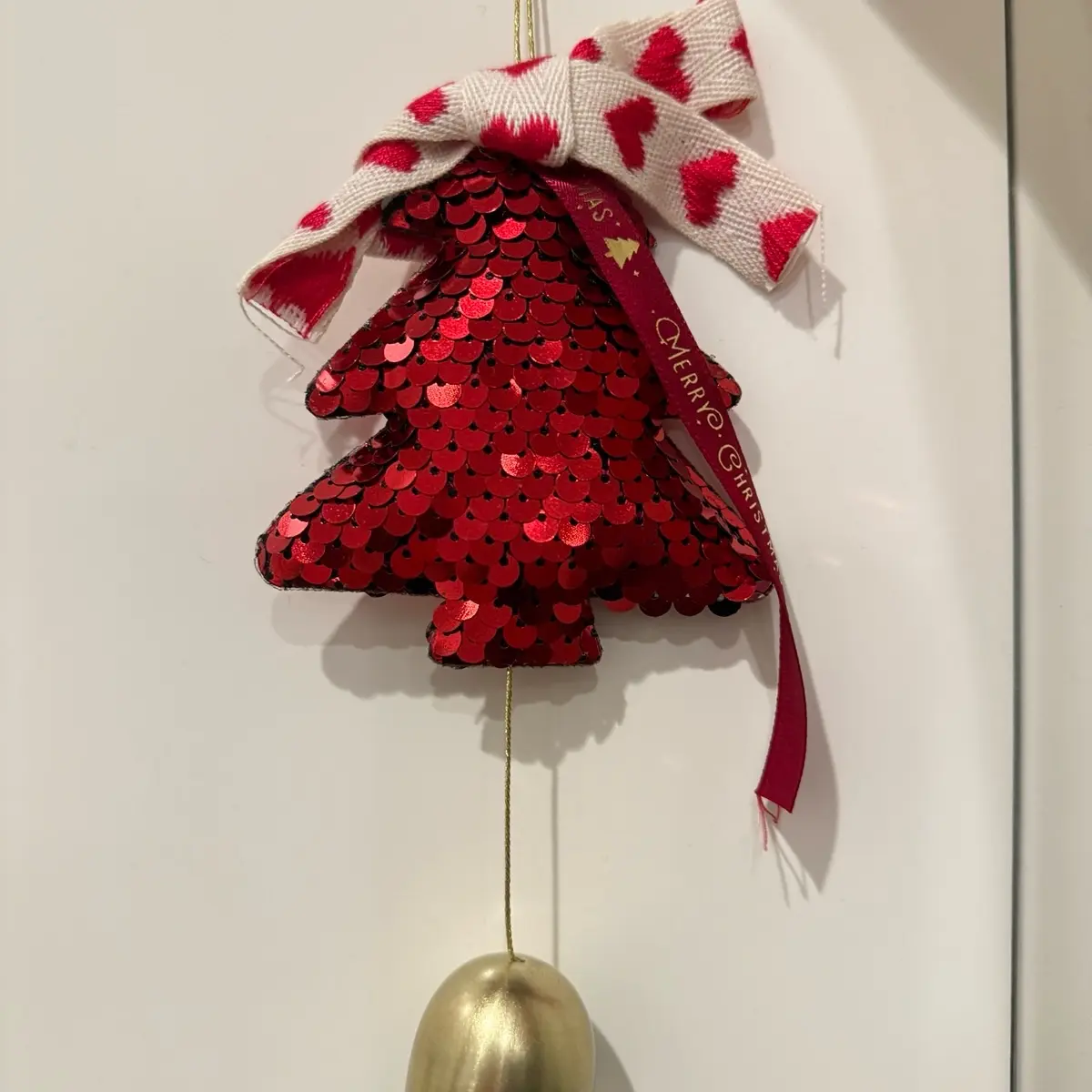Festive Christmas Tree Shape Ornament with bows and bells, Car Mirror Hanging Accessories, Home Decoration