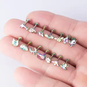 Stainless Steel Fashion Flat Bottom Animal Combination 3 Color Versatile Lip & Earbone Stud Earrings