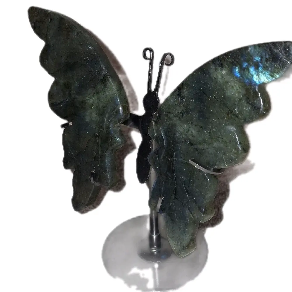 Carved Labradorite Butterfly Crystal on Metal Stand