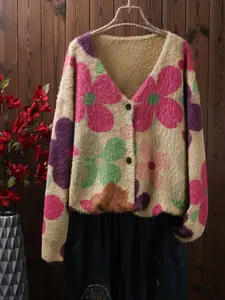 Women's Floral Print Cardigan Sweater Coat, Casual Loose Knit Jacket with Buttons, Perfect for Fall & Winter Fashion Knitwear
