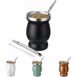 8oz Yerba Mate Cup, 304 Stainless Steel Double-Wall Mate Cup, Heat Insulation Yerba Mate Gourd,  Cup Set Includes Cleaning Brush & 2 Bombillas (Black)