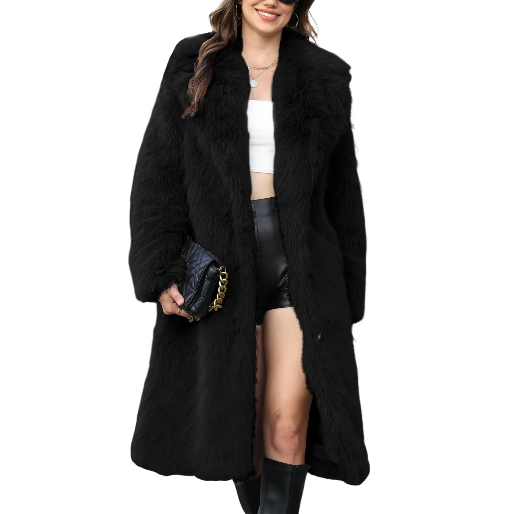 Arssm Women' s Faux Fur Coat Lapel Collar Long Sleeve Furry Jacket Long Shaggy Jackets Open Front Warm Outerwear