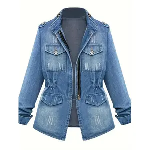 Women's Plus Size Denim Jacket Ripped Zipper Long Sleeve Denim Shirt With Pockets Casual Jacket Cotton Fabric