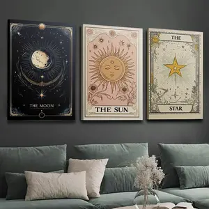 3-piece Celestial Tarot Canvas Art Set - Sun, Moon, and Stars Decorative Picture Frame, Warm and Cool Tones Suitable for Living Room, Bedroom, Office, Kitchen - Indoor Ink Canvas Print, Essential Moon Decoration for Astrology Enthusiasts