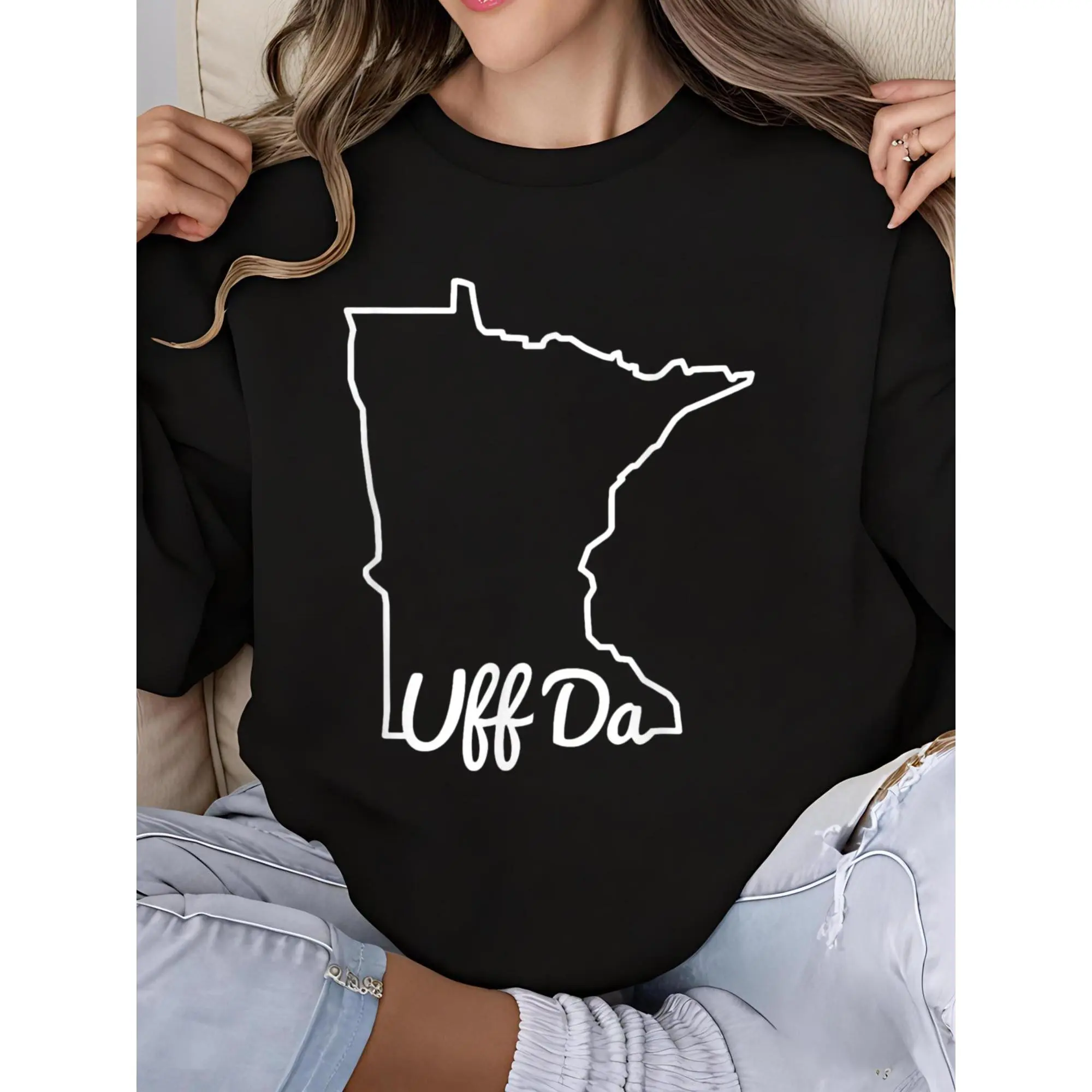 Minnesota MN Native Funny State Map Print Crew Neck Long Sleeve Sweatshirt for Women - Uff Da Graphic Casual Top