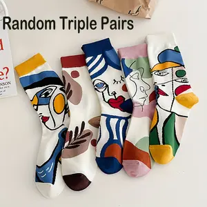 3 pairs of vibrant geometric printed knee high socks - soft ribbed knit cotton blend fabric, stylish midsole design, hand wash only, perfect for women - comfortable and creative long socks and stockings