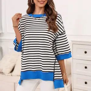 Women’s striped color-block oversized T-shirt with high-low seam detailing, crew neck, short sleeves, loose fit — summer denim pairing, cute for everyday wear, casual yet elegant GARMENTARY