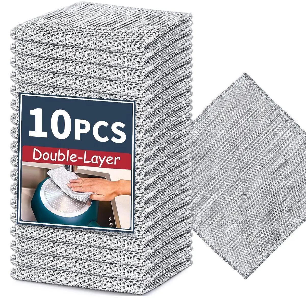 Double Layer Metal Wire Dishcloth, 10pcs/set Multifunctional Dishwashing Cloth, Multipurpose Cleaning Cloths, Kitchen Cleaning Tool for Pot, Sink, Stove, Home Cleaning Products