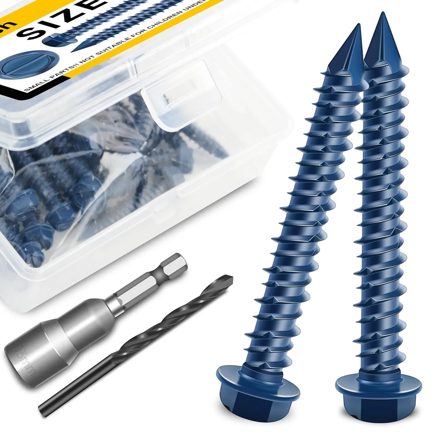 100 count Concrete Screws, 1/4 x /4" Slotted Hex Washer  Stucco Screws Anchor Kit with 3/16 Drill Bit, Masonry Screws Self Tapping for Anchoring to Masonry, Block or Brick Stucco