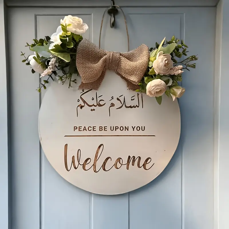 A Wooden Welcome Sign Featuring 'Salaam' With Floral Bow Accents, Perfect As A Home Gift For Muslims Decorative Sign