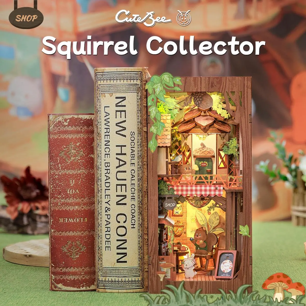 CUTEBEE DIY 3D Book Nook Kit - Squirrel Collector Wooden Miniature Tiny House Dollhouse, Handmade Creative Bookshelf Decor, Holiday Gift Craft, Crafts