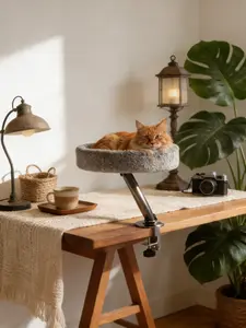 Cat Desk Bed, 360°Rotating & Adjustable Cat Bed for Desk, Desk Cat Nest Bed Max Load 50 Lbs, Soft Pet Bed with Pet Mat Indoor Cat Furniture for Office Desks, Game Tables