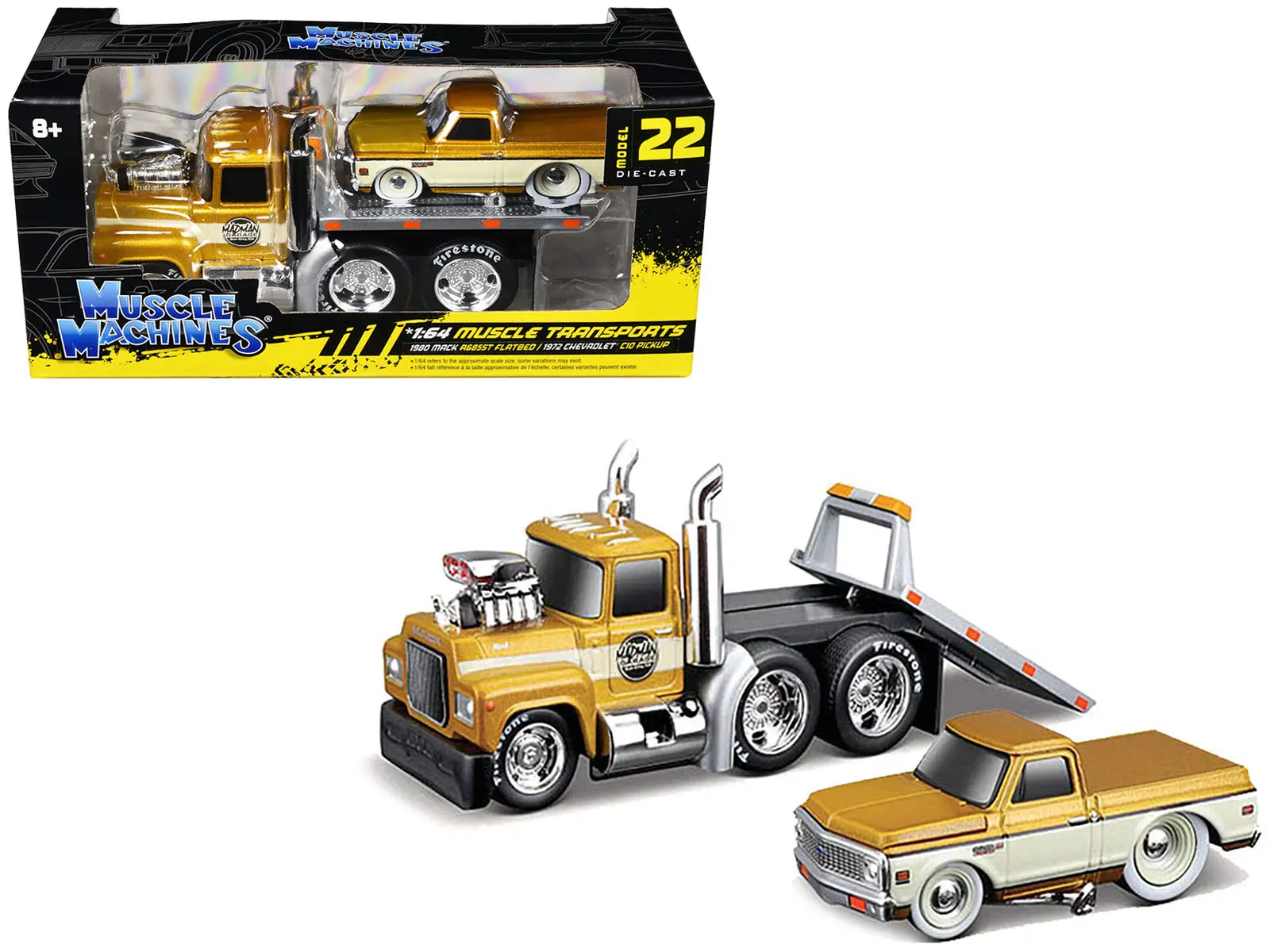 1980 Mack A685ST Flatbed Gold Met w/ Beige & 1972 Chevrolet C10 Truck Gold Met and Beige 1/64 Die Cast Models by Muscle Machines