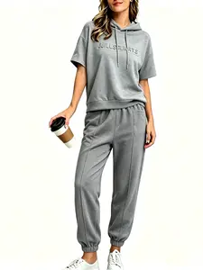 Women’s gray mist blue two-piece set: short-sleeve hooded sweatshirt and jogger sweatpants, casual apparel