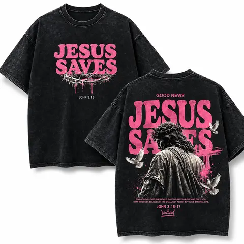 Men's Oversized Vintage Round Neck Short-Sleeve T-Shirt - Whimsical Distressed Washed Fabric Christian Top, Pink Cross, Jesus Saves, Crown of Thorns, Scripture Text Print, Hand Wash (Menswear Collection, Men's T Shirts, Graphic Tops)