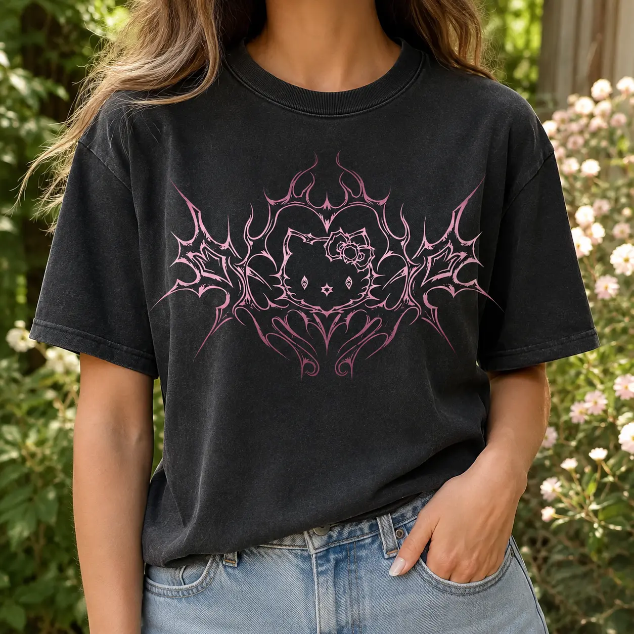 Women Comfort Colors Y2K Pink Tribal Kitty Graphic Cat Vintage Tee 90s Graphic TeeWw