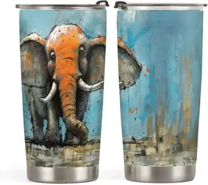20oz Elephant Gifts for Elephant Lovers, Elephant Coffee Cup, Colorful Painting Elephant Tumbler Cup, Stainless Steel Coffee Thermos Insulated Travel Mug with Lid - N
