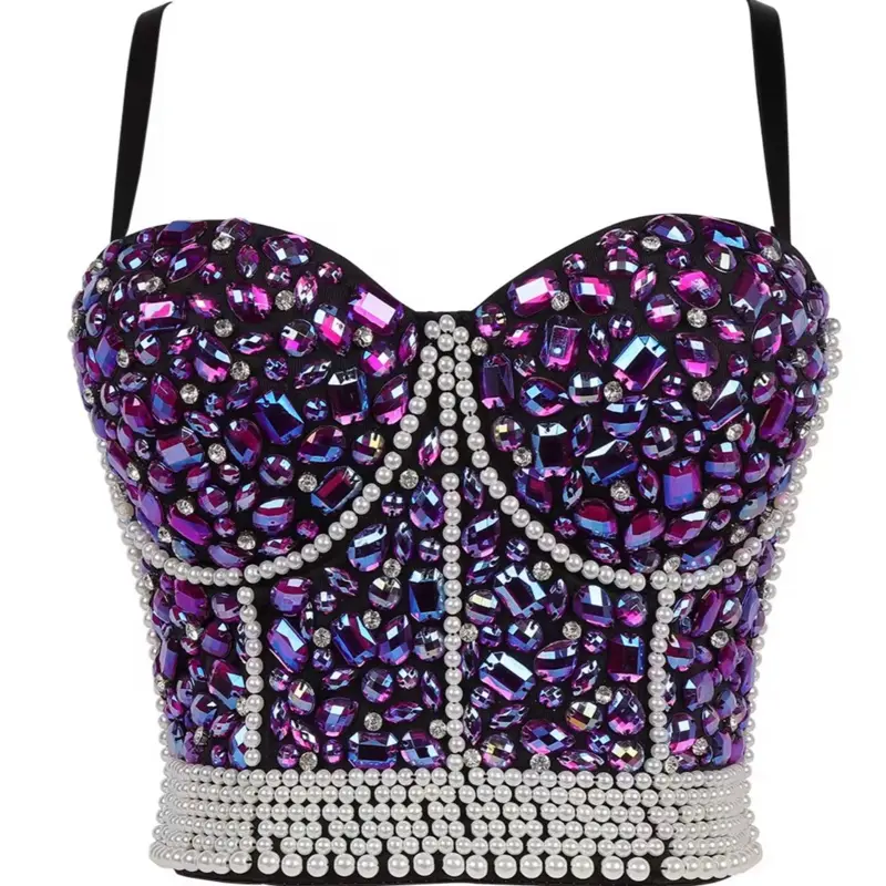 Rhinestone Diamond Corset - Purple & Black Sequined Crop Top with Adjustable Straps for Stylish Wear