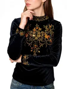 Women's High-Quality Fashion Vintage Embroidered Sequins Slim Fit Velvet High Neck Long Sleeve Top, Spring & Fall Retro Style Embroidery Womenswear