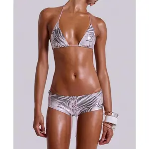 Women's Extreme Brazilian Crop Top Bikini Swimsuits with Briefs Summer Bathing Suits in Zebra Print S M L Sizes