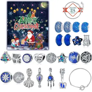 1Pcs 24-Day Christmas Countdown Surprise Gift Creative Set - Exquisite Blue Beaded Bracelet Making Kit, DIY Christmas Bracelet Making Supplies - Christmas Calendar Countdown Gift