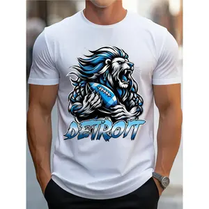 Detroit Football Lion Print T Shirt, Tees for Men, Casual Short Sleeve T-shirt for Summer, Solid Color, Cotton Comfort