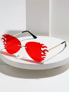 Men's Metal Aviator Frameless Flame Design Glasses, Halloween Cosplay Costume Party Eyewear, Includes Lens Cloth Case & Cord