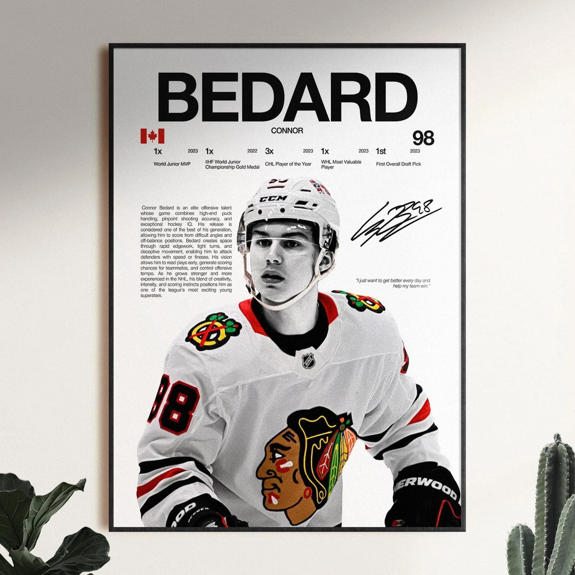 Connor Bedard Poster, Chicago Blackhawks Wall Print, Sports Decor, Hockey Room Print( Unframed - Print Only )