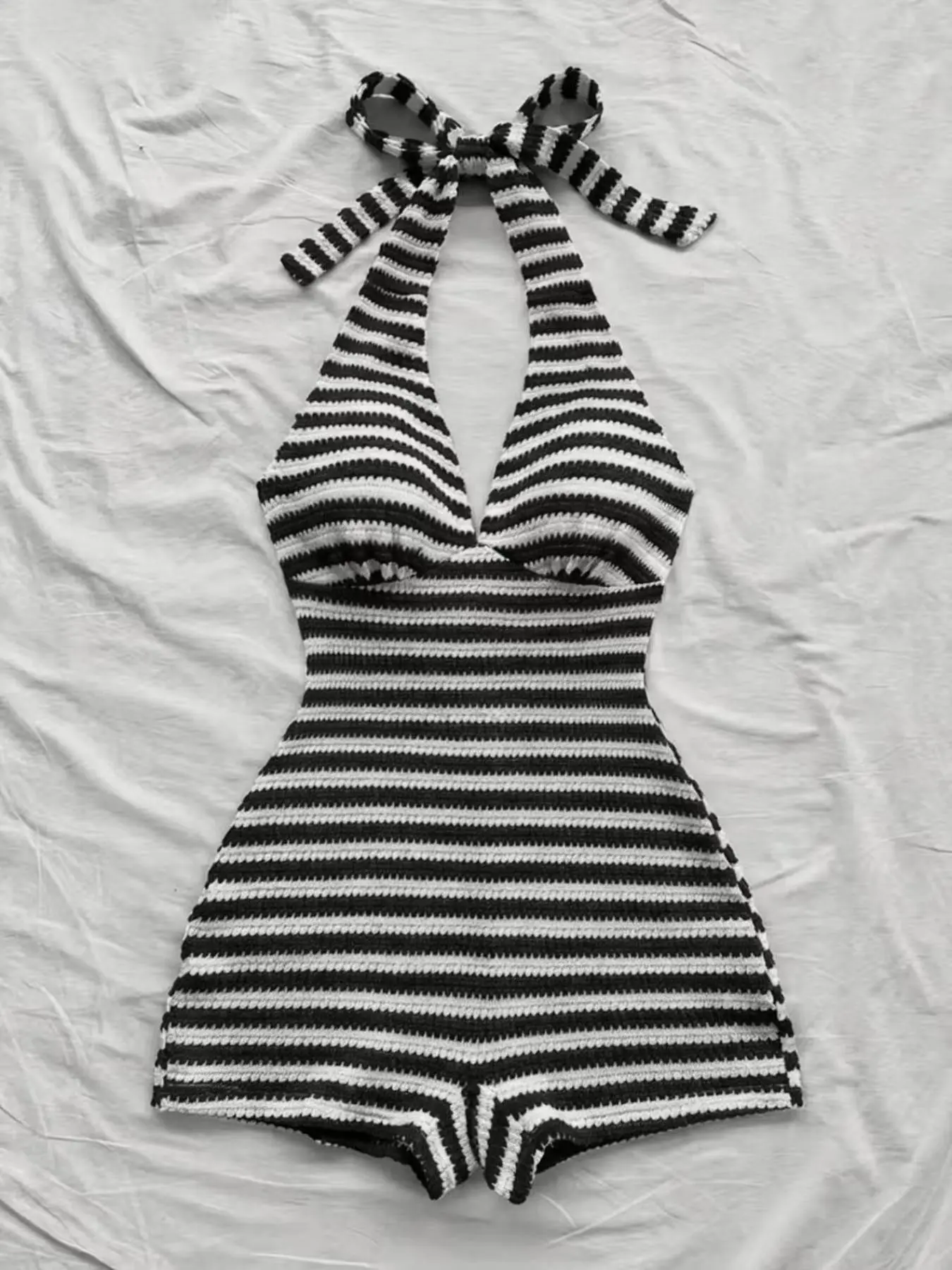 Women's Striped Sleeveless Halter Tie Front Adjustable Elegant Romper, Backless Overalls, Perfect for Vacation Beach Dates Parties Festive, Stylish, Chic and Comfortable Design