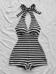 Women's Striped Sleeveless Halter Tie Front Adjustable Romper, Perfect for Vacation Beach Dates Parties Festive, Stylish, Chic and Comfortable Design