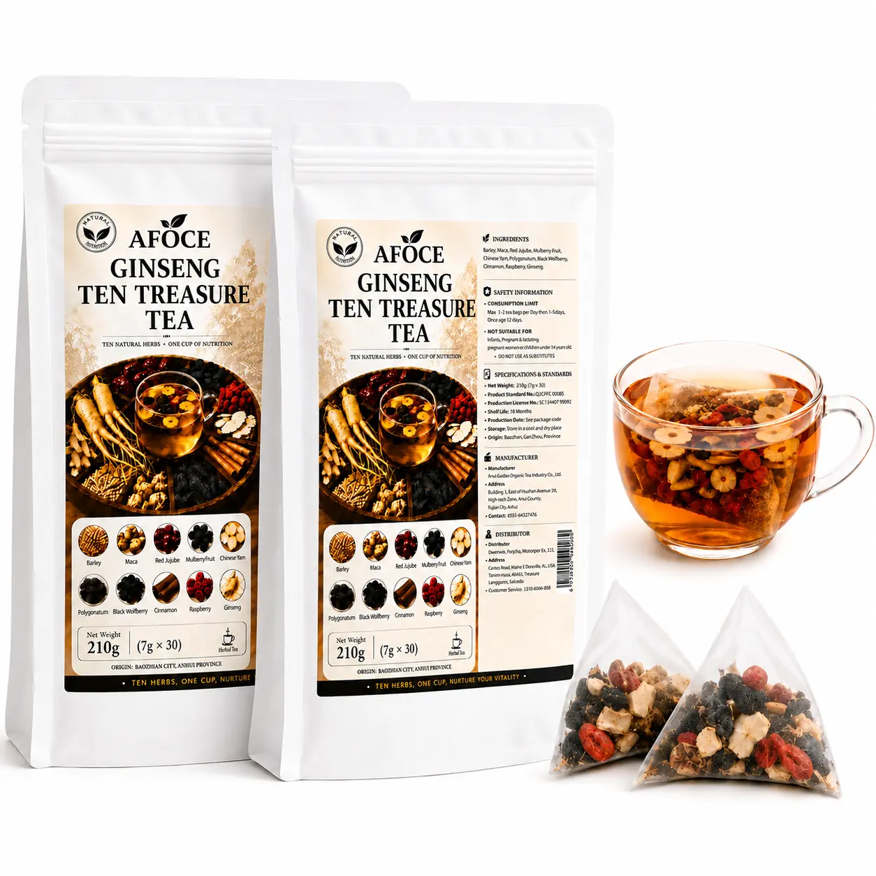 Upgraded Kidney Tea Formula: Ginseng 10-Treasure Tea, Herbal Liver and Kidney Wellness Tea, 30 Individually Wrapped Tea Bags, Pure Herbal Tea Blend for Men and Women,10-Treasure Tea Ingredient Blend