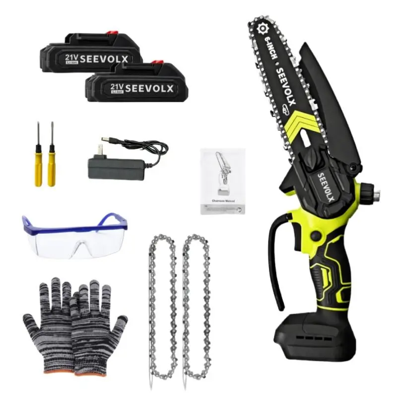 SEEVOLX Brushless Mini ChainSaw - Portable Electric Cordless Saw for Wood Cutting, Batteries (1500mAh) ,Pruning, Gardening, Camping - Suitable for Seniors, Women Holiday gifts