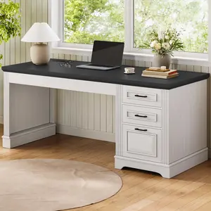 Sikaic 55 Inches Computer Desk with Power Outlet and 3 Storage Drawers White Wood Workstation Stable Tabletop