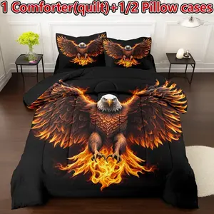 3-piece Spring and Summer Custom Eagle Pattern Quilted Bedding Set, Soft and Lightweight Digital Print Polyester Bed Linens (1 Quilt + 2 Pillowcases, Pillow Inserts Not Included), with 200gsm Filling, Featuring U-shaped Quilting, Suitable for Bedrooms, Do