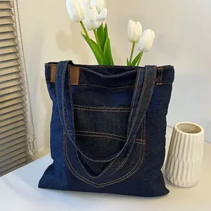 Denim Tote Bag for Women, Blue Quilted Canvas Shoulder Bag, Large Casual Shopping Beach Bag with Unique Pocket Design