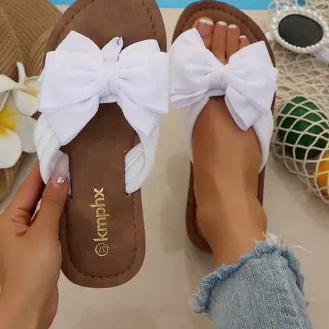 Women's Casual Summer Rubber Sole Cruise Flip Flops with Butterfly Knot Decoration, Perfect for Outdoor Beach and Home Use, Large-Size Ladies Shoes