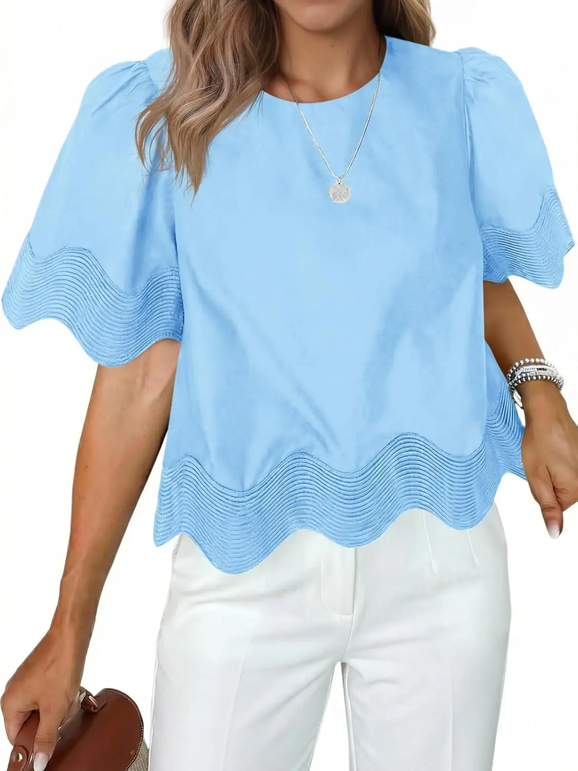 Tankaneo Womens Short Sleeve Crop Tops Summer Casual Scalloped Flowy Blouse Crewneck Ruffle Loose Fit T-Shirts