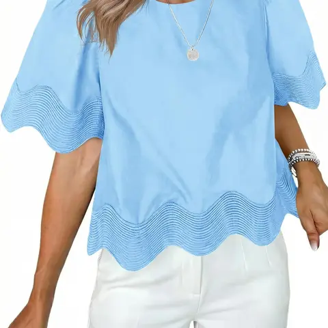Tankaneo Womens Short Sleeve Crop Tops Summer Casual Scalloped Flowy Blouse Crewneck Ruffle Loose Fit T-Shirts
