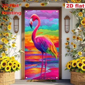 2D Flat Door  banner Colorful Flamingo at Dusk (2)  Home Indoor Outdoor Party Decorations, Door Decoration Decorations, Suitable for Bedroom, Office, Kitchen, Living Room